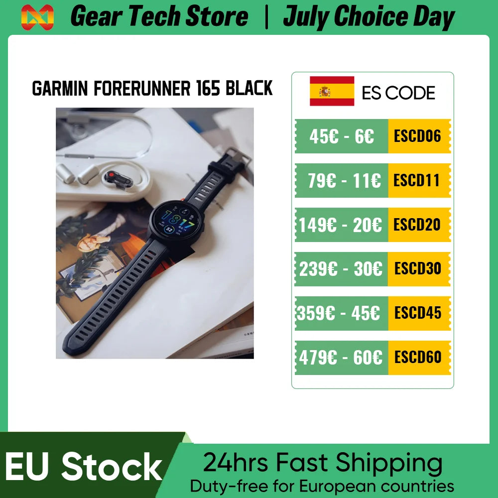 Reloj deportivo inteligente Garmin Forerunner 165 de estilo básico, pantalla AMOLED de 1,2 pulgadas, GPS, compatible con varios idiomas