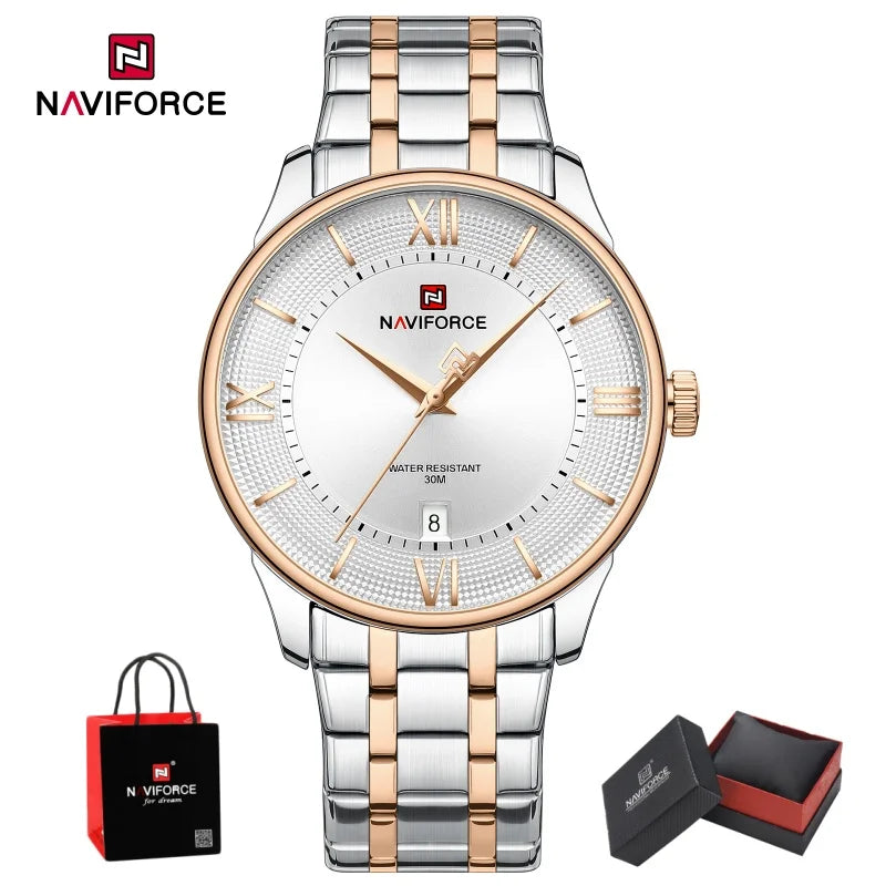 NAVIFORCE Men Elegant Quartz Wristwatch 3ATM Waterproof Calendar Stainless Steel Business Formal Watch Wristwatch Gifts box