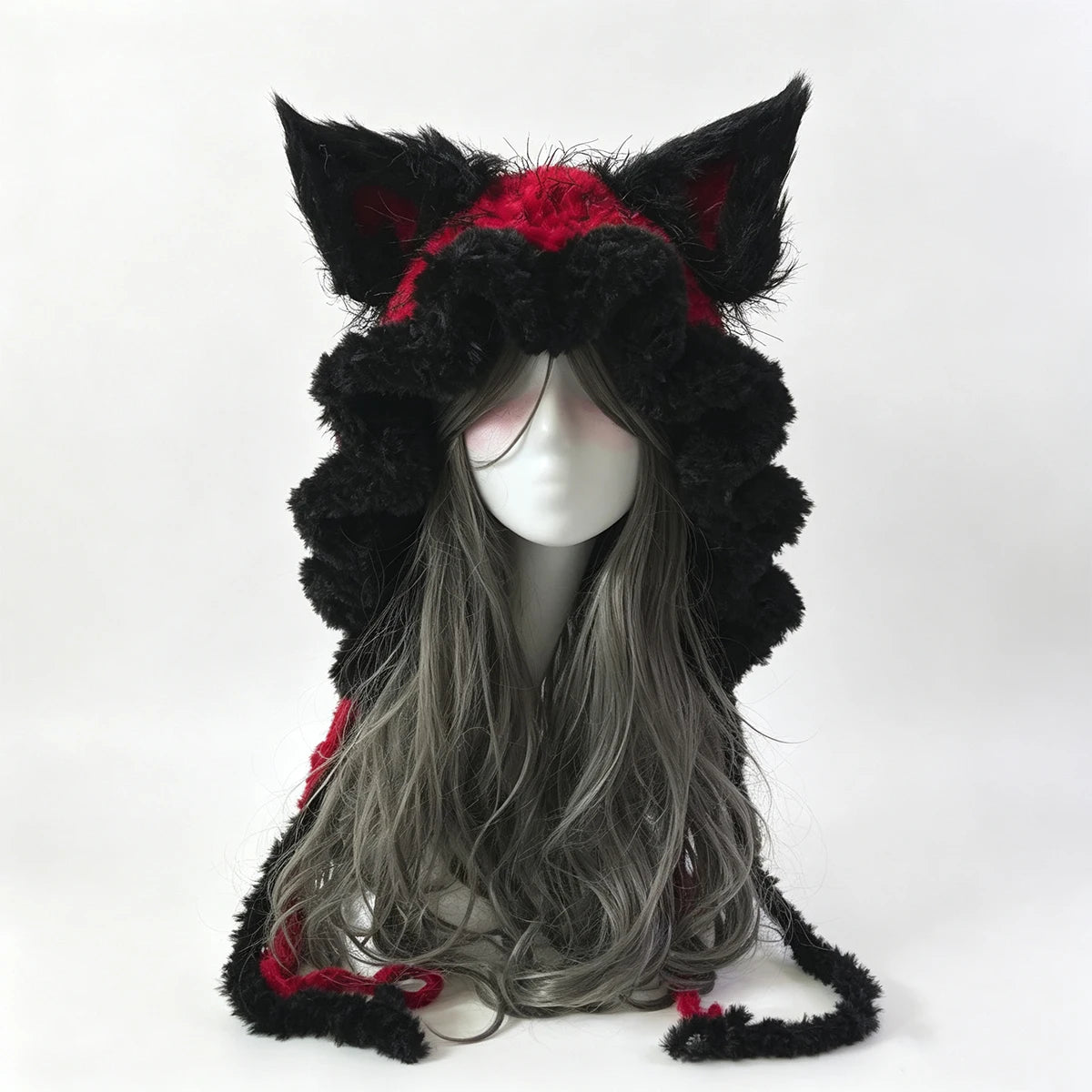 Gorro de Orejas de Zorro Rojo y Negro Tejido a Mano Personalizado para Mujer, Gorro de Punto Suave con Lazos Largos, Estilo Gótico Unisex, Accesorio Cálido de Invierno de Hada Oscura
