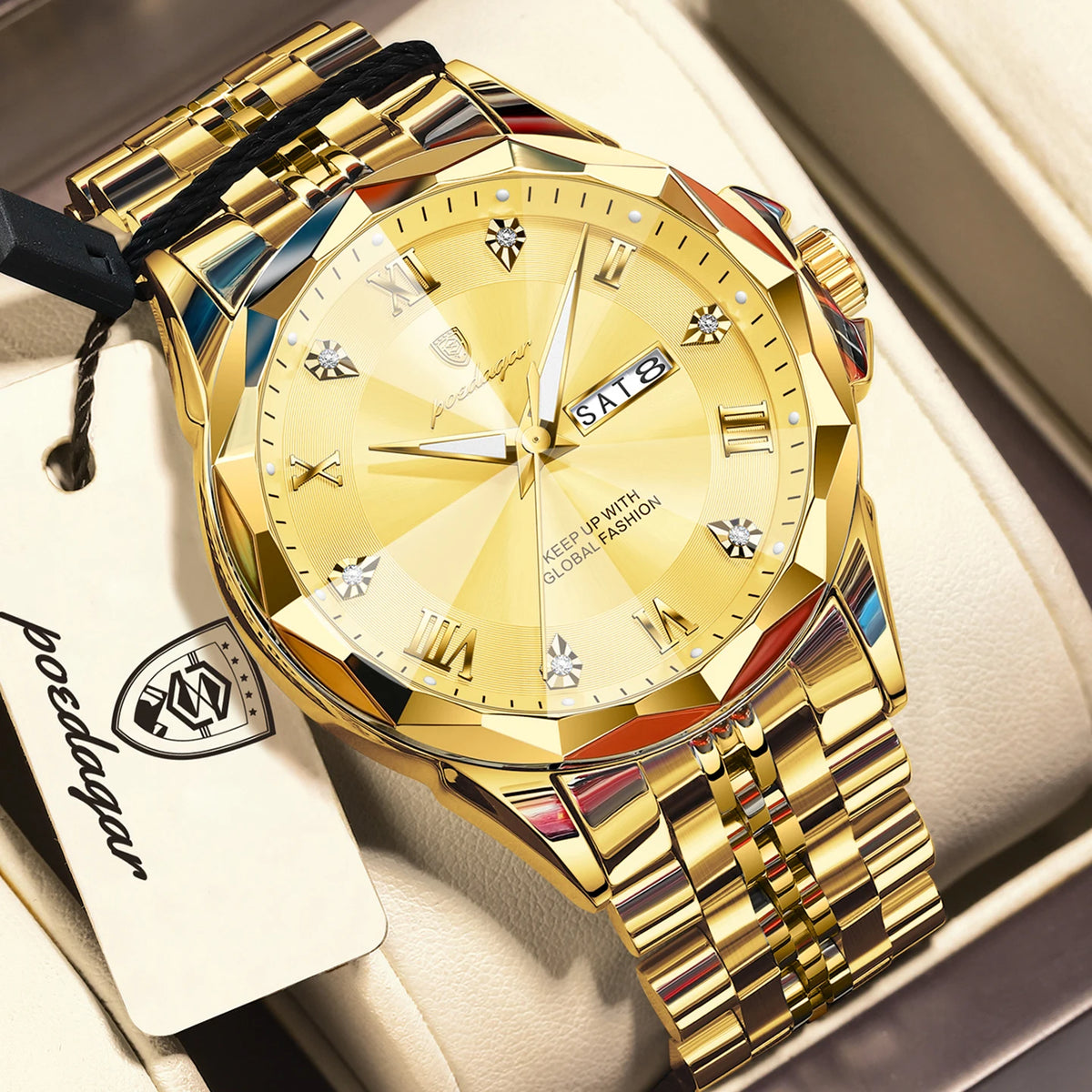 POEDAGAR Fashion Quartz Men Clock Waterproof Luminous Date Week Sport Men's Watch Stainless Steel Business Watches For Man Reloj