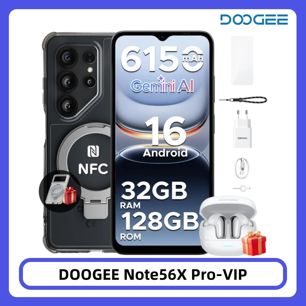 Smartphone DOOGEE Note56X Pro Android 16 32GB 128GB Pantalla HD+ de 6.56" Batería de 6150mAh 13MP+8MP Widevine L1 NFC Teléfono móvil