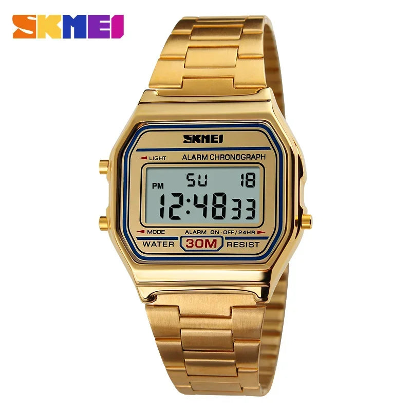 SKMEI 1123 Reloj deportivo digital retro de lujo para hombre, reloj de pulsera de acero inoxidable resistente al agua, reloj de acero 1328 Reloj Hombre