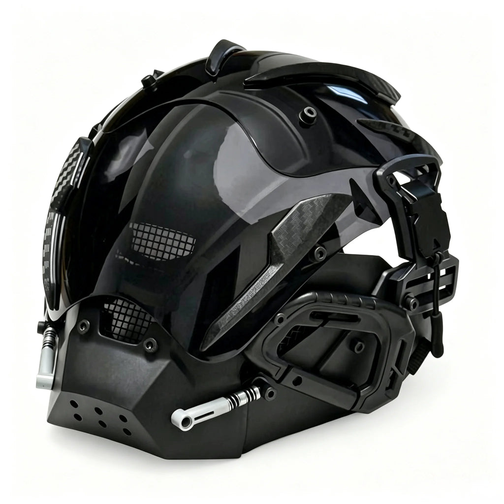 Máscara de estilo cyberpunk de inspiración científica y futurista, casco de cara completa que se puede llevar puesta, accesorio de disfraz para eventos, Halloween y sesiones de fotografía temáticas.