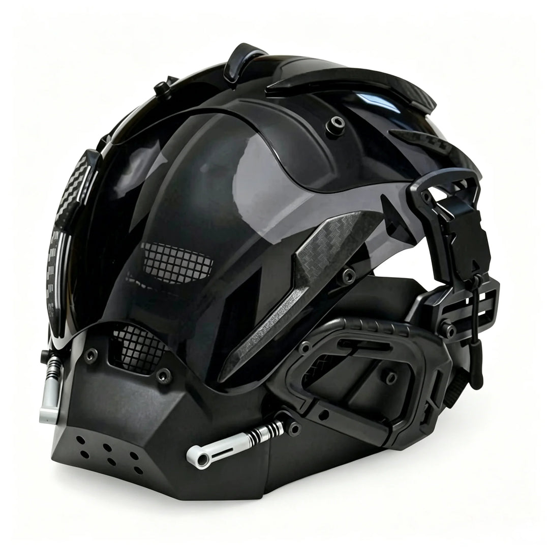 Máscara de estilo cyberpunk de inspiración científica y futurista, casco de cara completa que se puede llevar puesta, accesorio de disfraz para eventos, Halloween y sesiones de fotografía temáticas.