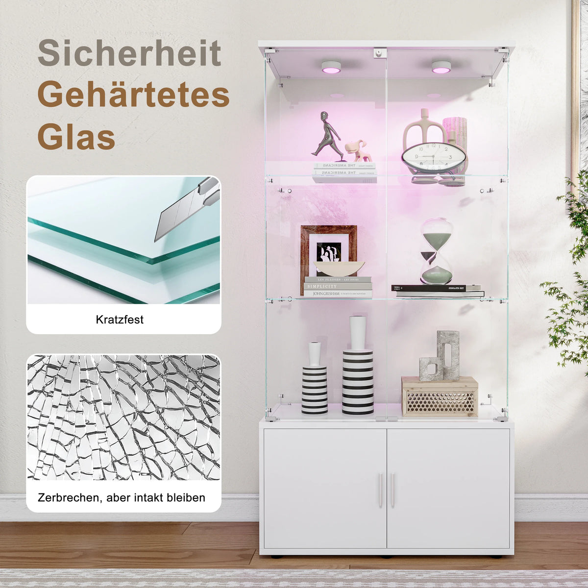 Anajqaqia 78.5cm×35cm×164cm Vitrina de cristal de 3 niveles + 1 armario, mueble bar, vitrina moderna de cristal, con espacio de almacenamiento para objetos de colección, libros, vino, blanco
