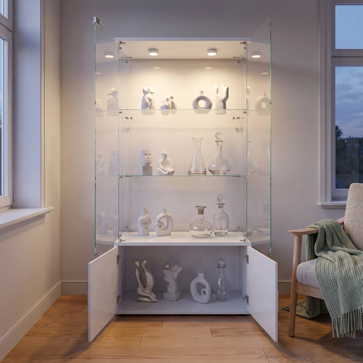 Anajqaqia 78.5cm×35cm×164cm Vitrina de cristal de 3 niveles + 1 armario, mueble bar, vitrina moderna de cristal, con espacio de almacenamiento para objetos de colección, libros, vino, blanco