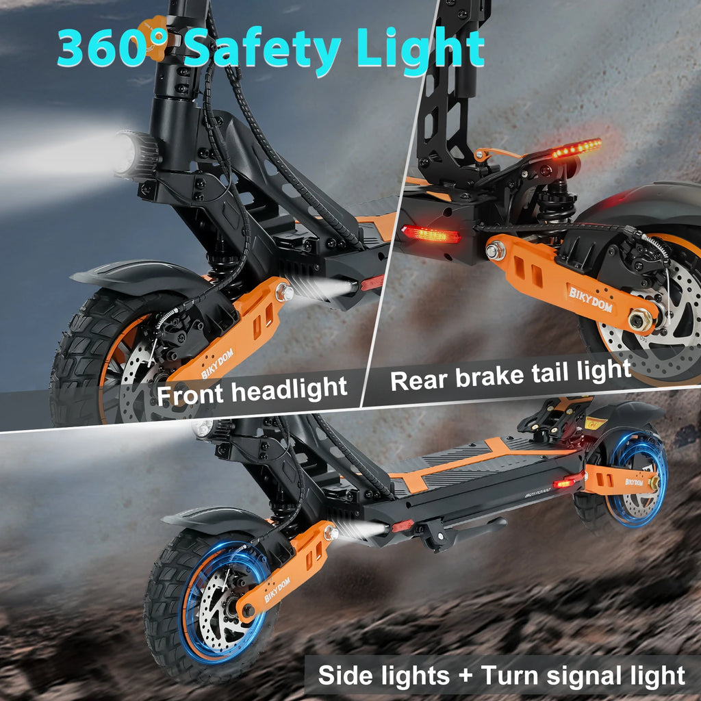 Patinete eléctrico con luz delantera, luz trasera de freno y luces laterales con intermitentes.