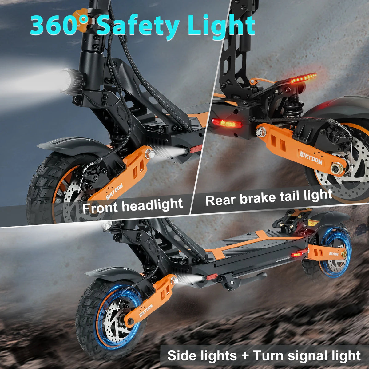 Patinete eléctrico con luz delantera, luz trasera de freno y luces laterales con intermitentes.