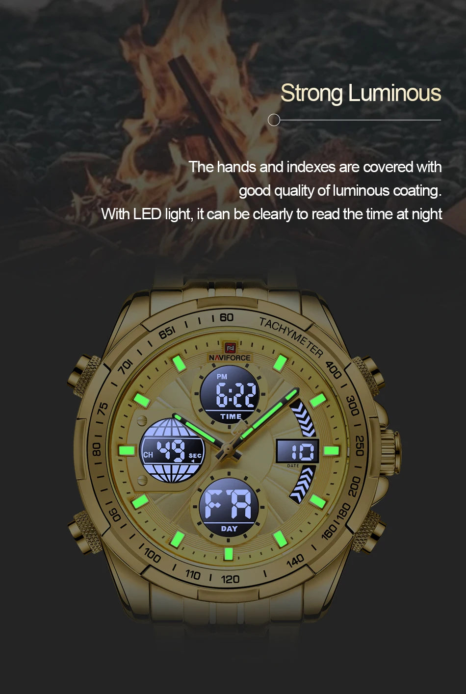 Top Luxury NAVIFORCE Men's Watch Dold Dial Quartz Double Military Time Sports Watch Steel Belt Waterproof Luminous Alarm Clock