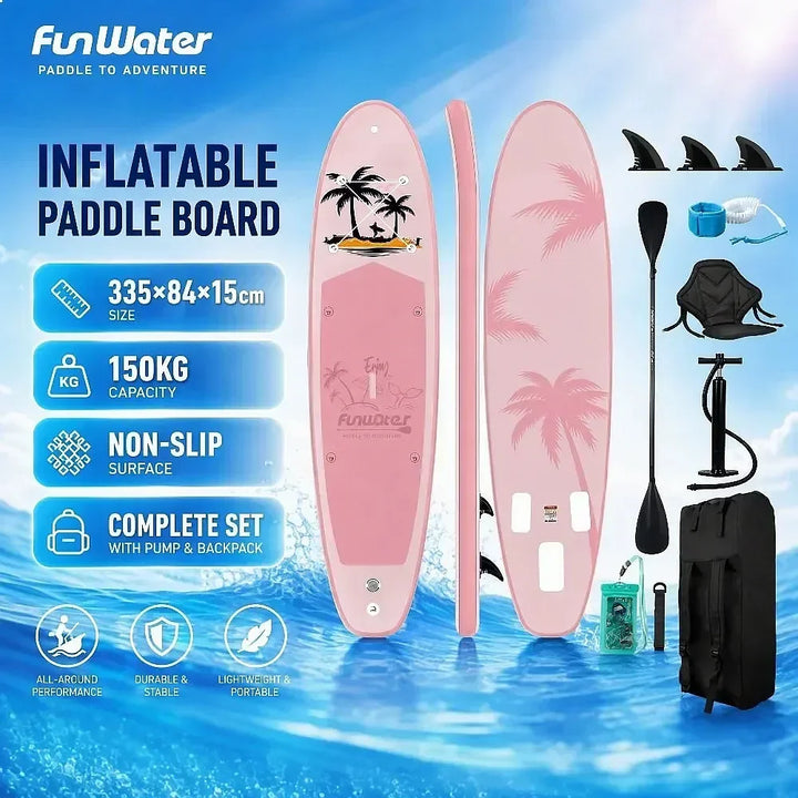 FunWater SUPFW37B Tabla de Paddle Surf Inflable 335x84x15cm Estable Antideslizante 150kg Capacidad para Lago, Mar, Piscina con Inflador, Mochila, Remo, Correa y Aletas EU