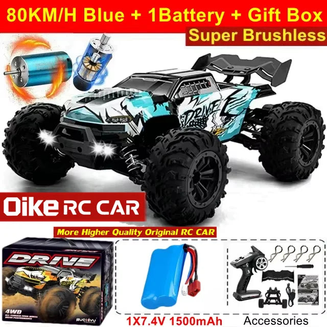 Coche teledirigido Oike 4WD 1:16 80 km/h super sin escobillas 50 km/h con escobillas, 4x4 todoterreno, camión de carreras de alta velocidad, buggy de juguete