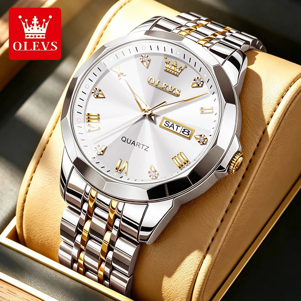 OLEVS 9931 Hot Sale Watches for Man Fashion Rhombus Mirror Solid Steel Strap Date Waterproof Luminous Original Quartz Man Watch