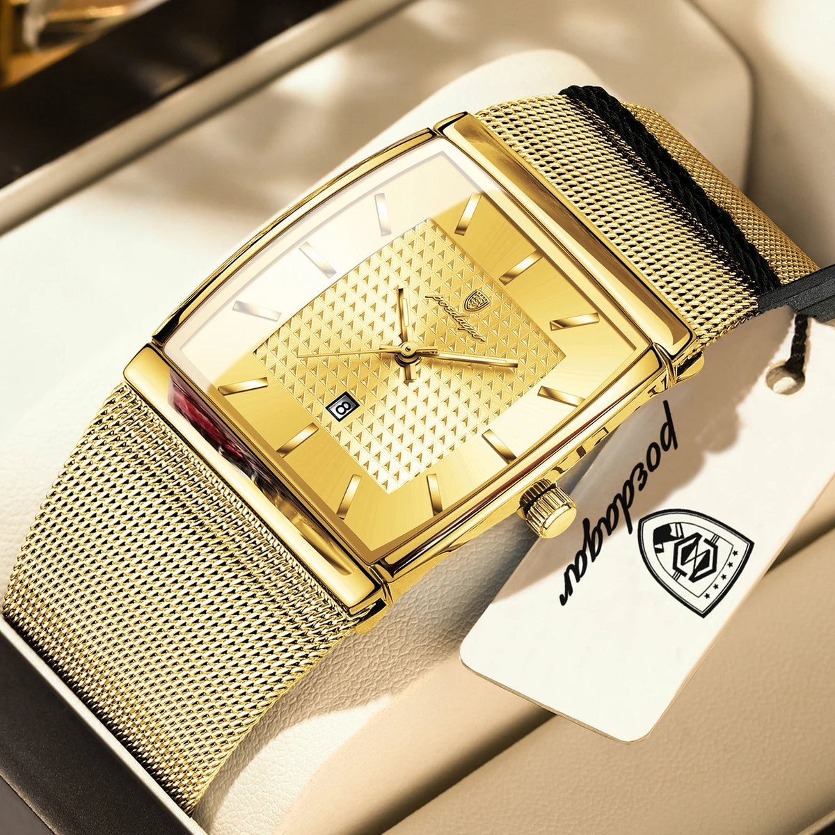 Reloj de pulsera para hombre POEDAGAR de lujo, de cuarzo, rectangular, casual, con malla de acero inoxidable, fecha, resistente al agua y luminoso