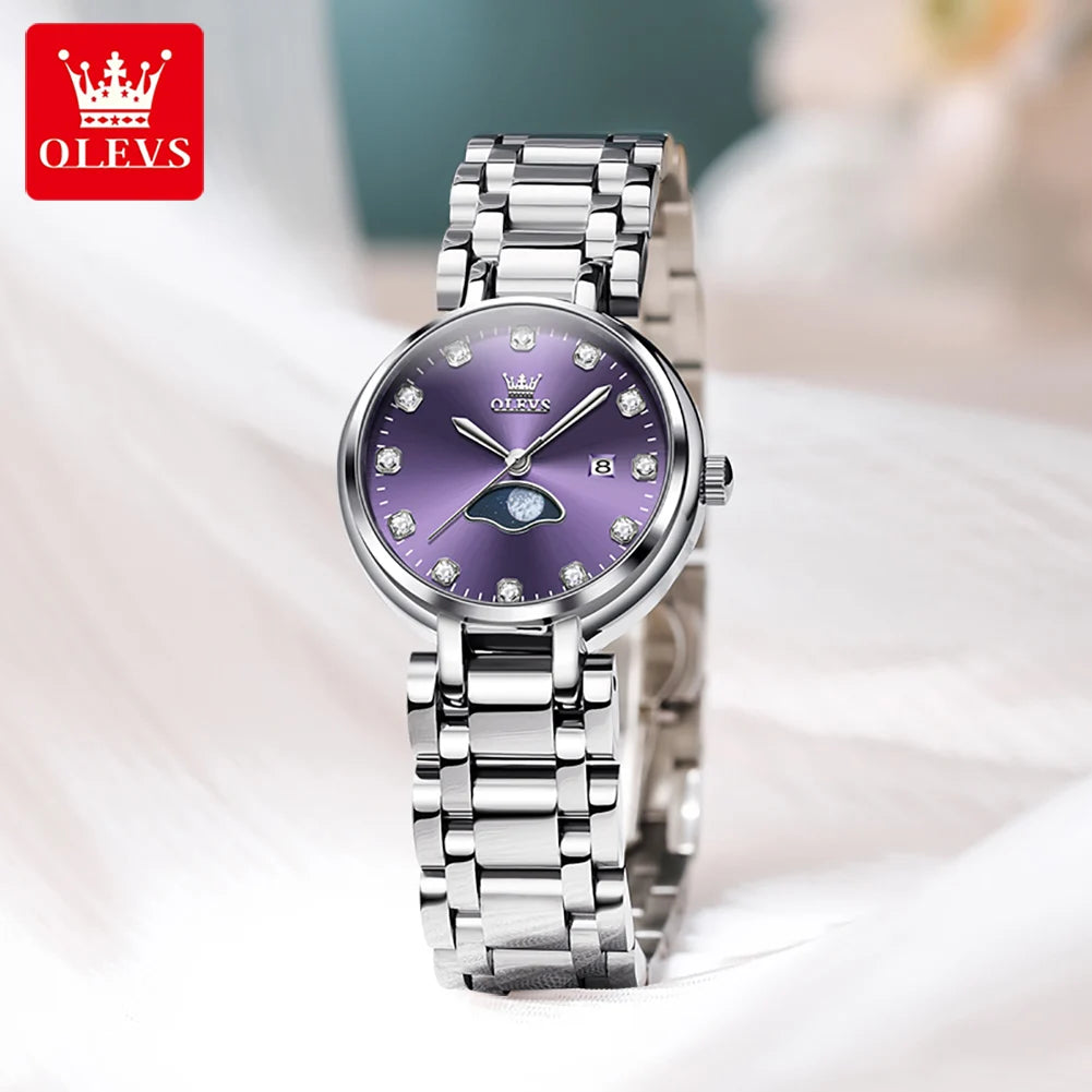 Reloj de cuarzo OLEVS para mujer, elegante y a la moda, con esfera de pedrería morada, resistente al agua, luminoso, original, de lujo.