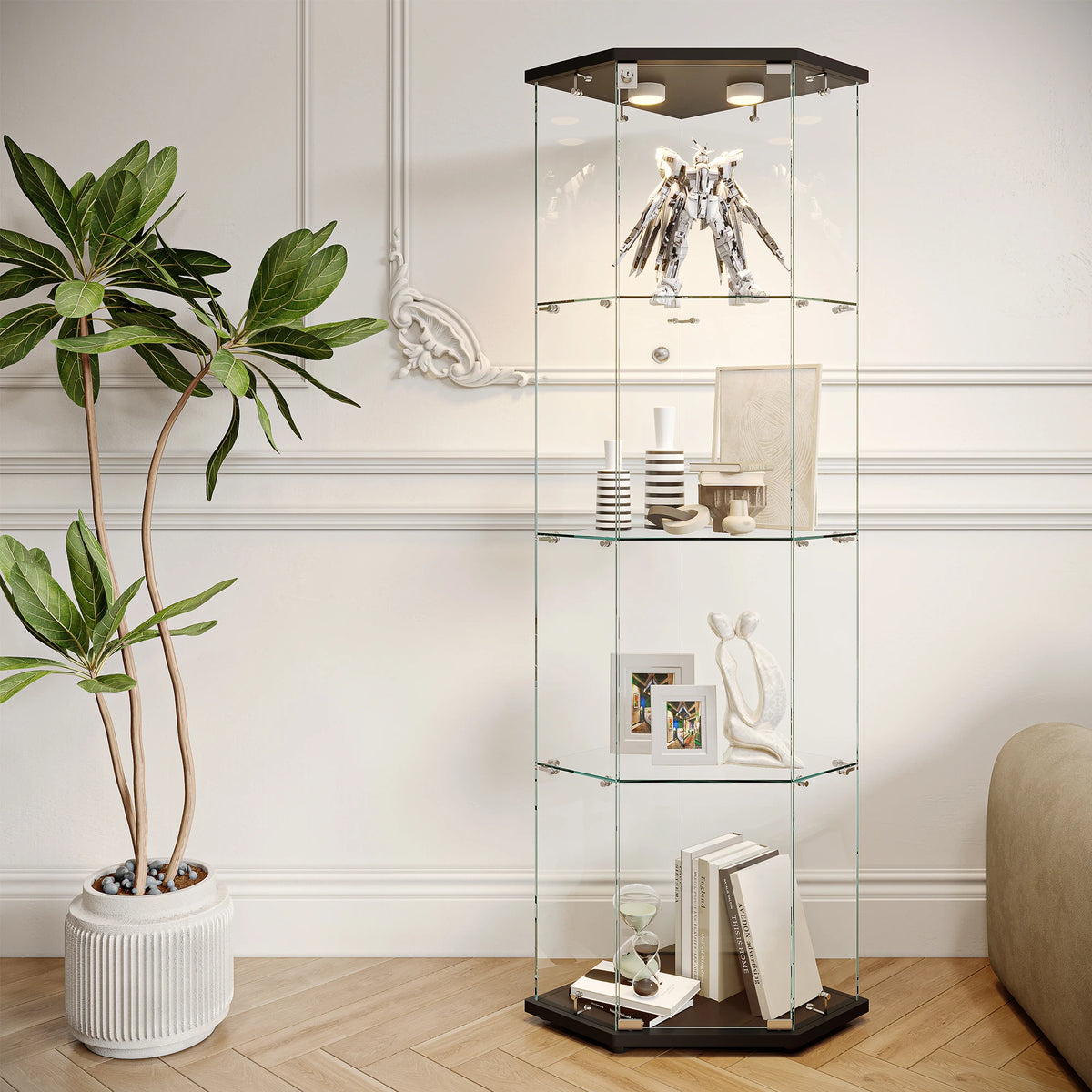 Vitrina de cristal Rosahqnda con luces LED, vitrina de 4 niveles para sala de estar, dormitorio, armario esquinero, blanco/negro, 162x60