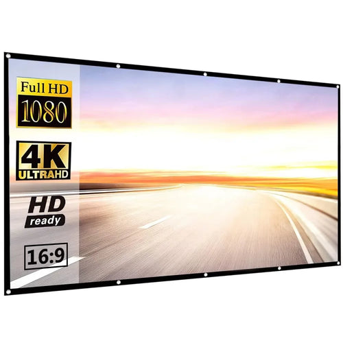 Pantalla de proyección rectangular con marco negro y formato 16:9