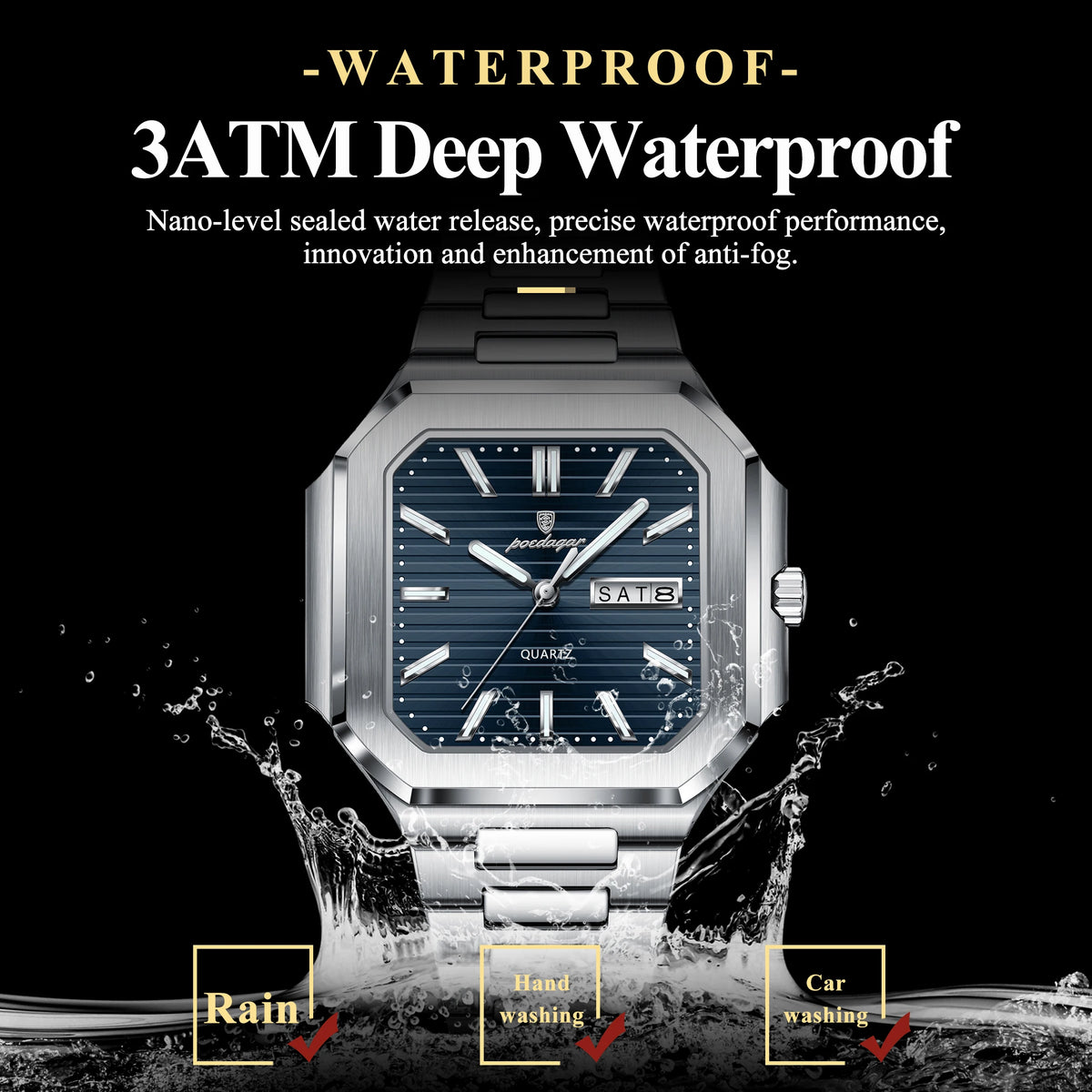 Reloj de cuarzo para hombre POEDAGAR, de negocios, impermeable, luminoso, con fecha y día, clásico, de acero inoxidable