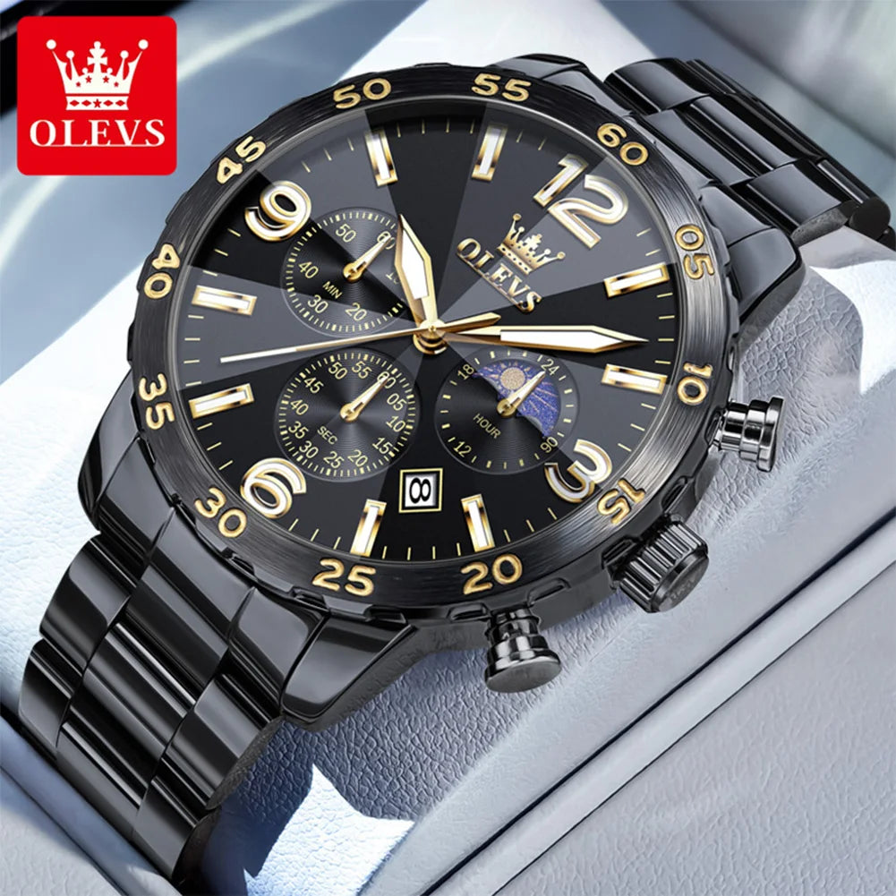 Reloj para hombre OLEVS 3678, reloj de cuarzo original de acero inoxidable, impermeable, luminoso, con fase lunar y calendario automático, regalo para hombre