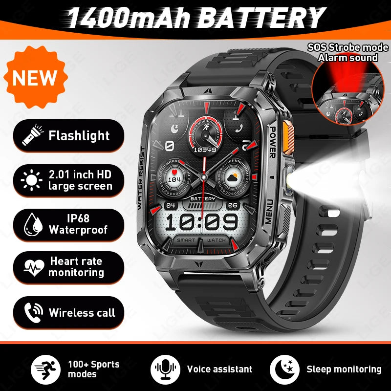 Reloj inteligente militar LIGE de 1400 mAh con batería de larga duración, pantalla HD de 2.01", linterna LED y luz SOS, llamadas BT y monitor de salud para hombre