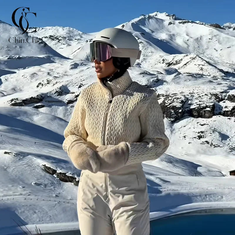Traje de esquí de una sola pieza con textura para mujer, cuello alto, cierre con cremallera, cinturón, mono de snowboard, ropa de esquí de invierno aislada y cálida para actividades al aire libre.