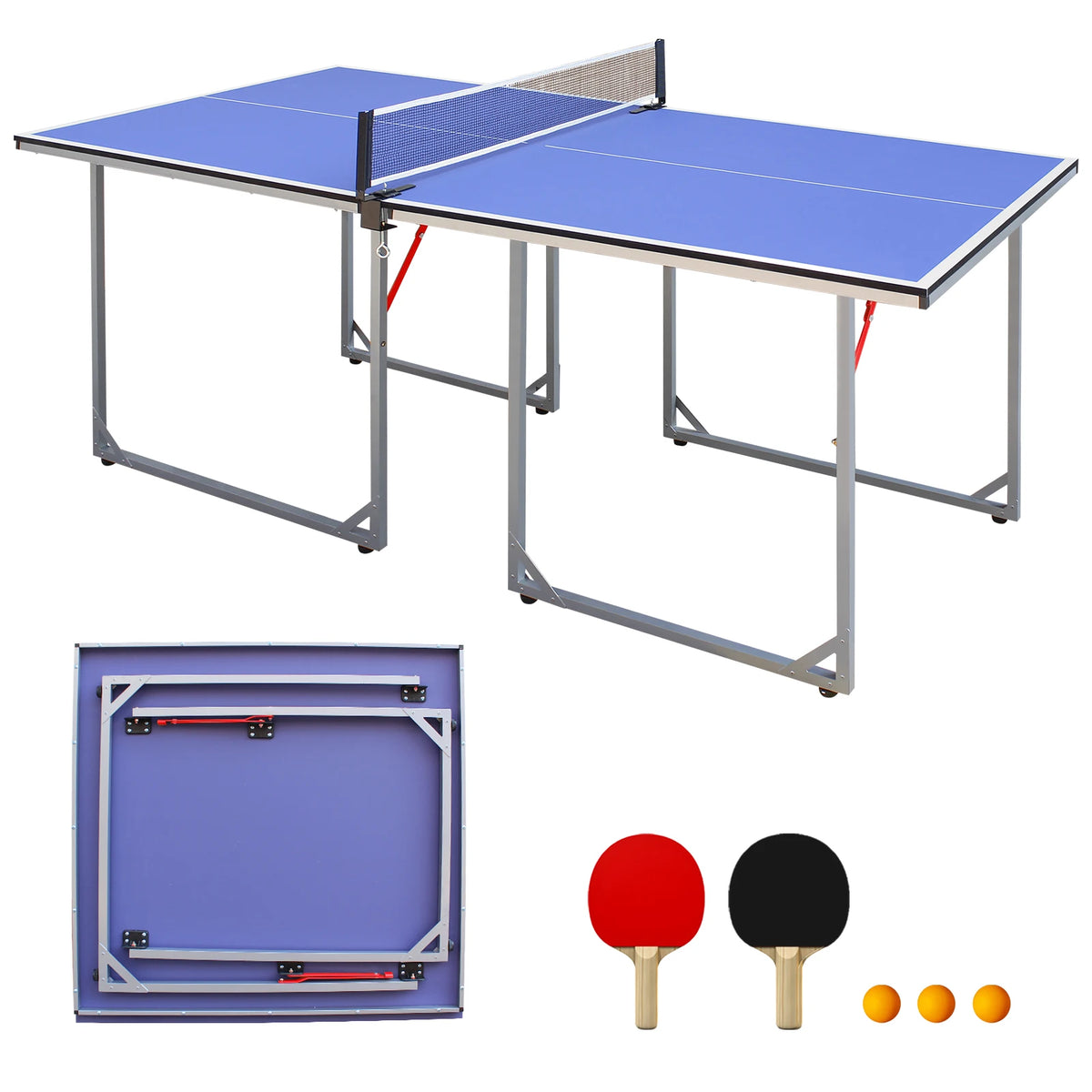 Mesa de Ping Pong Plegable de Tamaño Mediano, Portátil para Interiores y Exteriores, con Marco de Aluminio, Superficie de Juego de MDF, Patas con Bloqueo, Asas de Transporte, Red, 2 Palas, 3 Pelotas