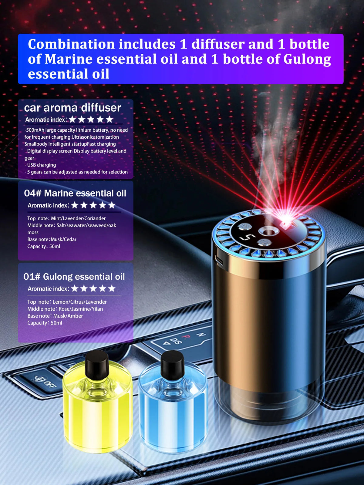 Difusor de aroma de coche recargable, aceite esencial aromático, luces coloridas, luces románticas de cielo estrellado, regalo de dormitorio