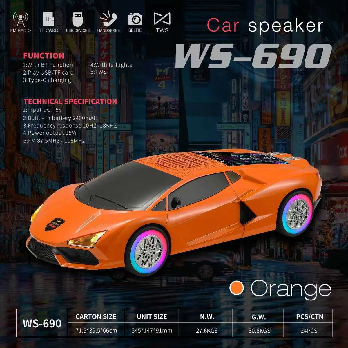 Altavoz Bluetooth modelo coche WS-690, altavoz inalámbrico portátil con luz LED, radio FM, tarjeta TF, reproducción USB, decoración de escritorio