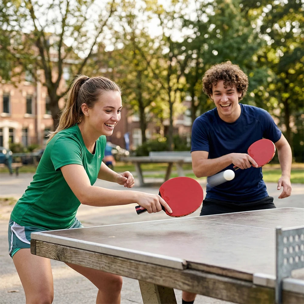 Set de raquetas de tenis de mesa con goma de diseño inverso, incluye 2 raquetas y 3 pelotas de tenis de mesa, ideal para entrenamiento deportivo, competiciones y actividades físicas.