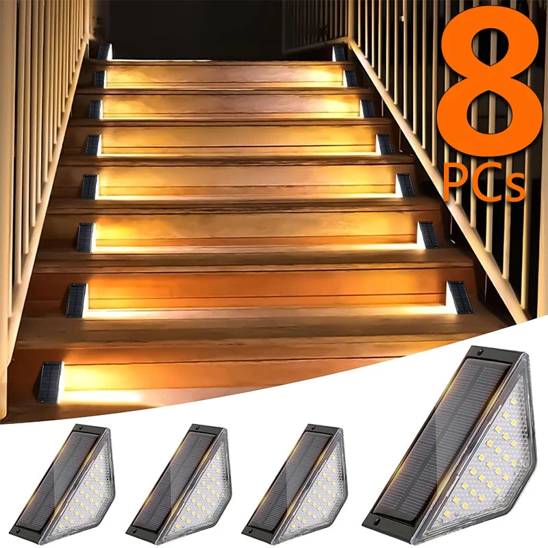 Luces solares para exteriores, lámparas para escaleras LED blanco cálido, luz para peldaños impermeable IP65, para jardín, pasarelas y caminos de escaleras