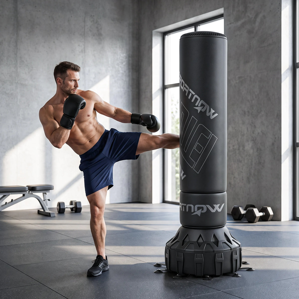 SPORTNOW Saco de Boxeo de Pie para Adultos 180 cm, Punching Ball Pesado con 20 Ventosas, Absorción de Impactos, Guantes, Base Rellenable de Arena 120 kg o Agua 70 kg, para Kickboxing, MMA, Muay Thai