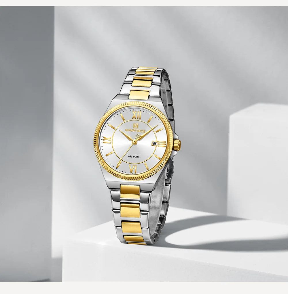 NAVIFORCE Women's Casual Stainless Steel Watch 3ATM Waterproof Date Display Classic Casual Daily Wristwatch Reloj Mujer Gift Box