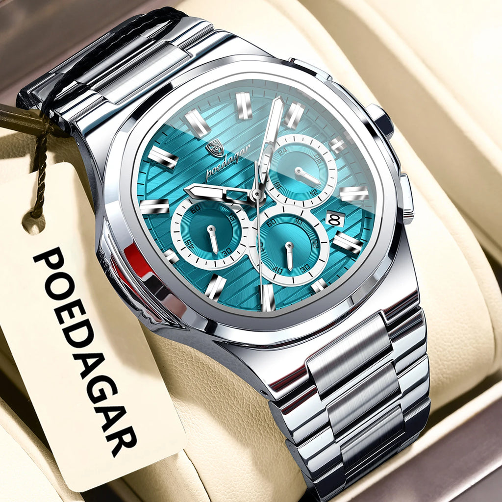 POEDAGAR Reloj de Pulsera de Negocios para Hombre, Fecha, Cronógrafo, Impermeable, Luminoso, Reloj de Lujo para Hombre, Relojes de Cuarzo de Acero Inoxidable para Hombre