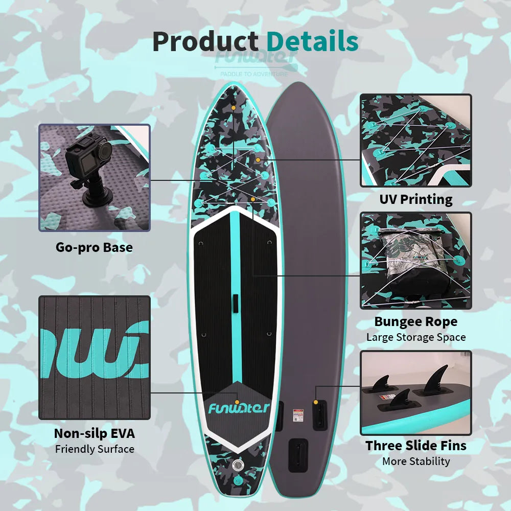 Tabla de paddle surf Funwater SUPFW32C, 350x84x15 cm, 180 kg+, SUP hinchable de camuflaje negro y turquesa para lagos, bahías tranquilas, yoga y pesca, paddleboard con soporte para cámara y accesorios