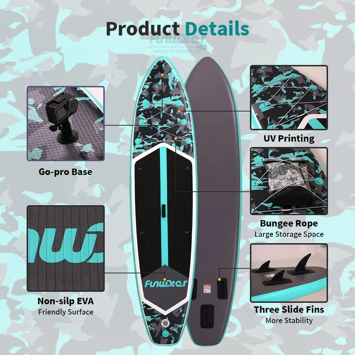 Tabla de paddle surf Funwater SUPFW32C, 350x84x15 cm, 180 kg+, SUP hinchable de camuflaje negro y turquesa para lagos, bahías tranquilas, yoga y pesca, paddleboard con soporte para cámara y accesorios