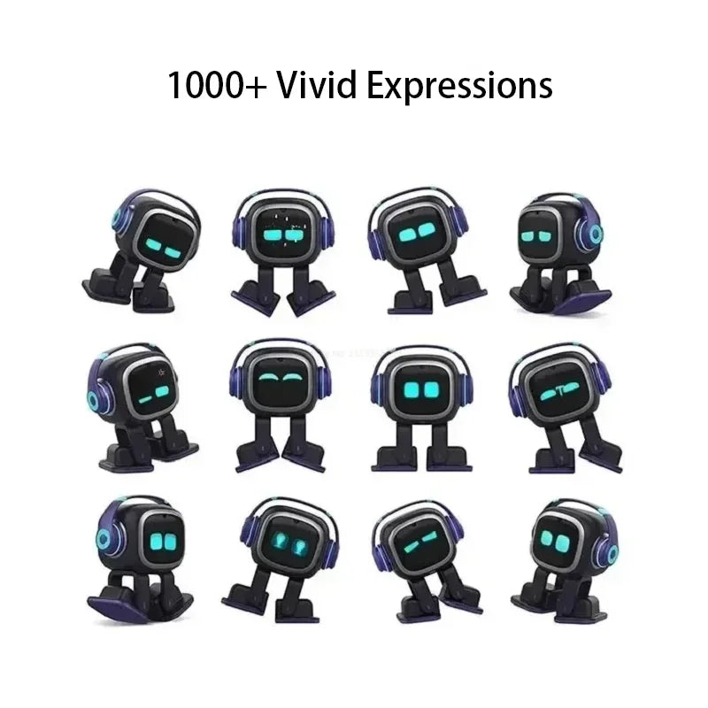 Juego de robots EMO negros con diferentes expresiones LED en múltiples poses