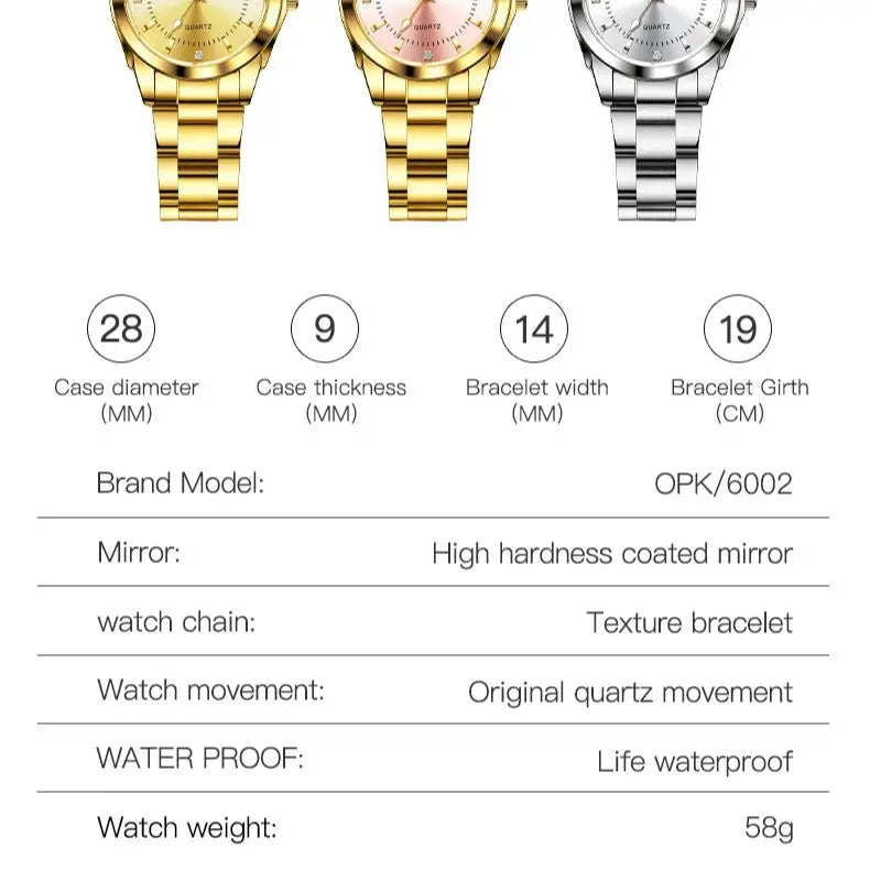 Reloj de cuarzo OPK 6002 para mujer, esfera elegante, correa de acero inoxidable, reloj de pulsera para dama