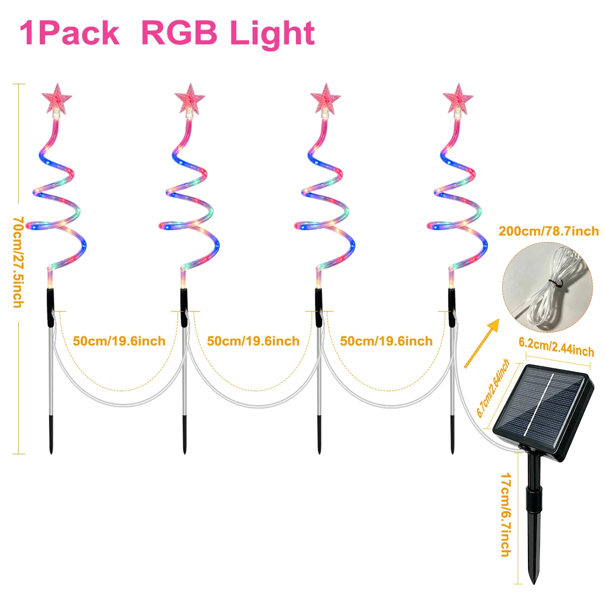 Luces decorativas navideñas solares en espiral 4 en 1, 8 modos de iluminación, lámpara LED RGB y luz cálida, impermeable para jardín, patio y césped