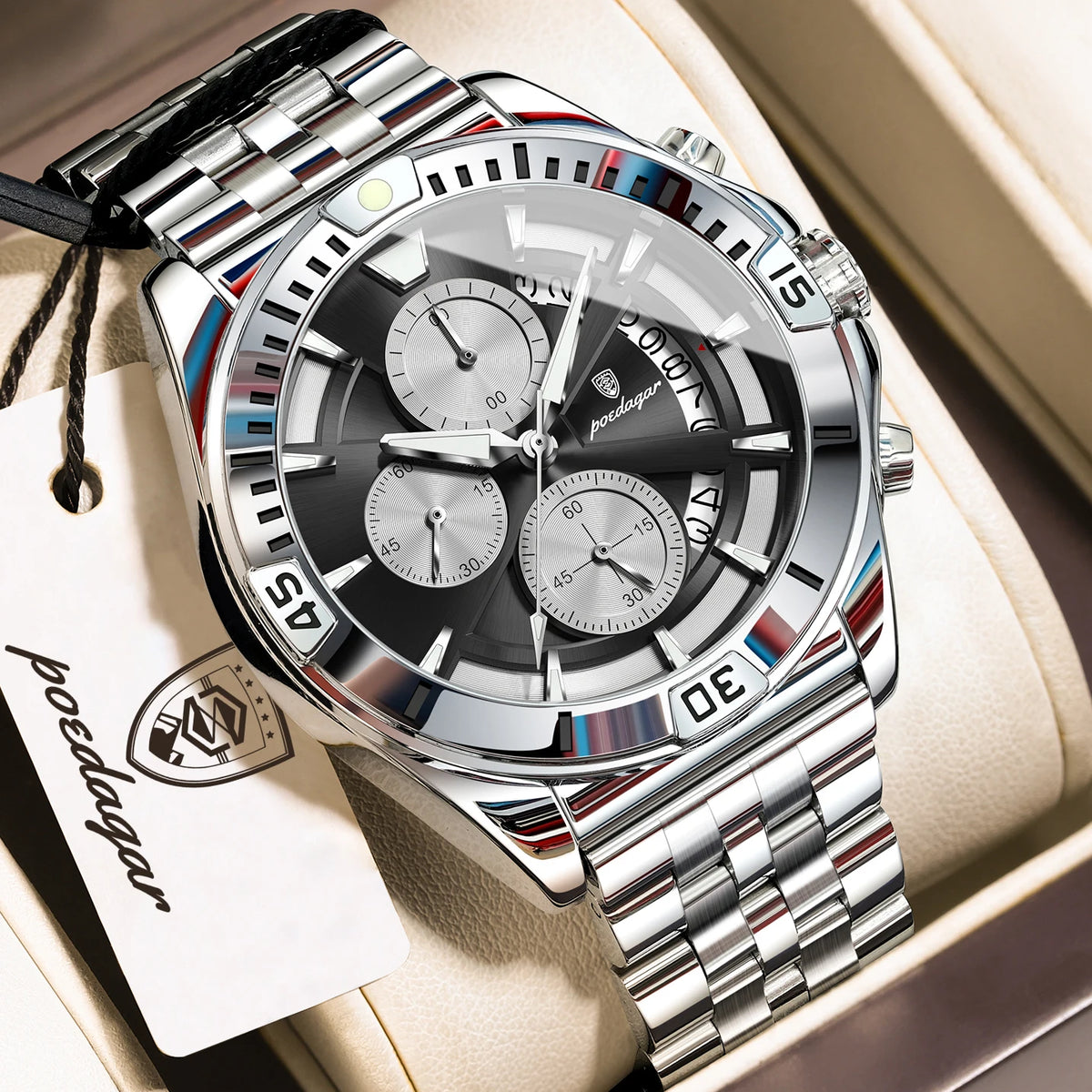 Reloj de pulsera para hombre POEDAGAR, luminoso, resistente al agua, de acero inoxidable, con cronógrafo, fecha y cuarzo, estilo deportivo