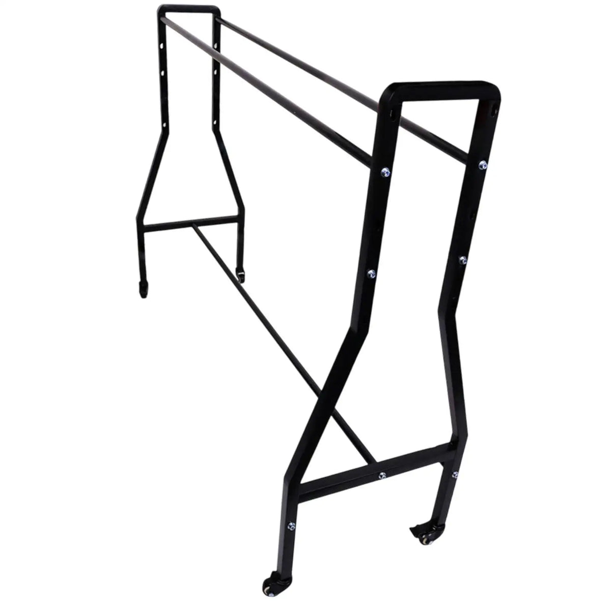 Carrito de almacenamiento grande con sistema de frenos para balones de baloncesto, con estructura estable y ruedas, ideal para el garaje o para practicar deportes en interiores.