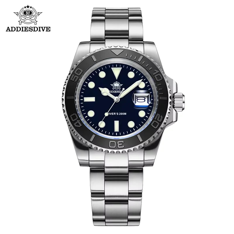 Reloj de cuarzo para hombre ADDIESDIVE, resistente al agua 200 m, bisel de cerámica, reloj de acero, cristal con lupa, luminiscencia azul BGW9, reloj de buceo