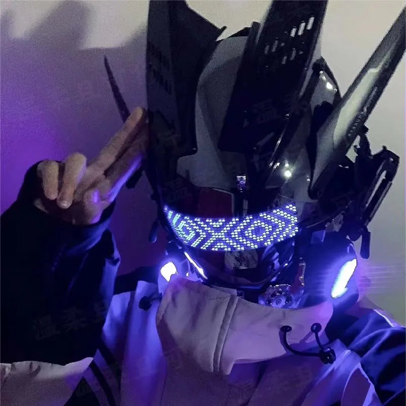 Máscara Cyber Punk, disfraces, máscara, Cosplay, soldado Mech con pantalla LED de subtítulos, casco de Control por aplicación de teléfono, accesorios de Bar para fiesta de Halloween