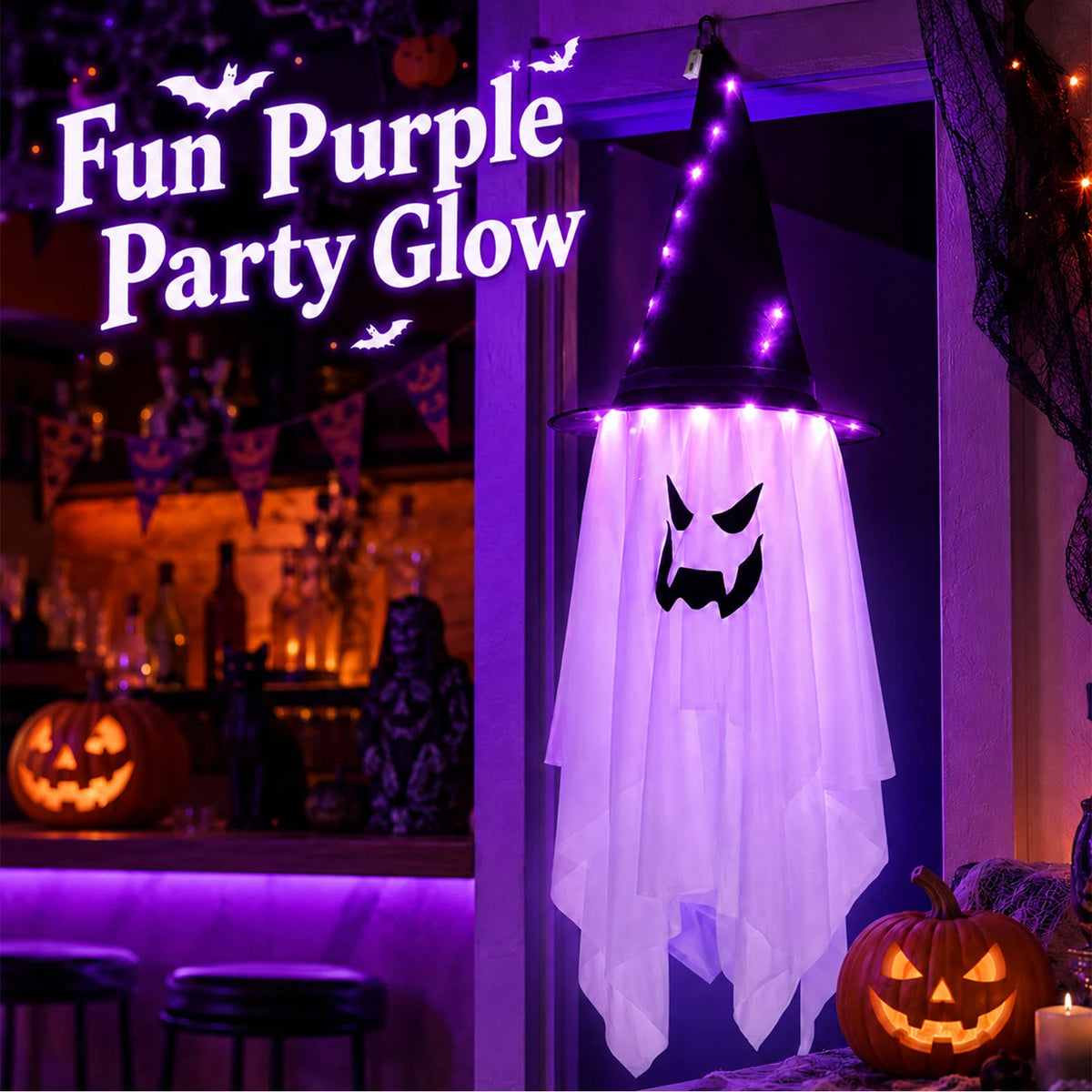 1 unidad de cadena de luces LED de fantasmas, decoración de Halloween para fiestas en el hogar, accesorio decorativo, luces de adorno para exteriores, funcionan con pilas