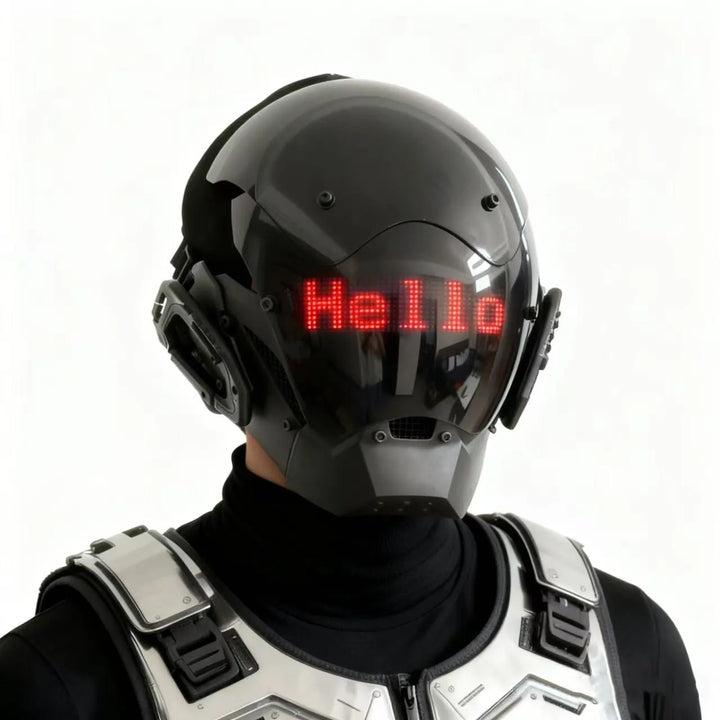 Máscara de casco LED de estilo cyberpunk con pantalla integrada, controlable mediante aplicación, diseño tecnológico de cobertura total para Halloween, fiestas de disfraces, festivales de música.