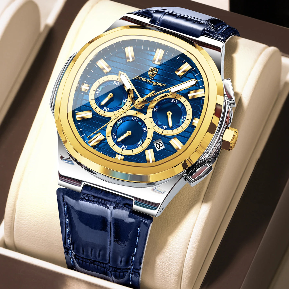 Reloj de pulsera para hombre POEDAGAR, original, de cuero, resistente al agua, luminoso, a la moda, con fecha, cronógrafo, de cuarzo, deportivo.
