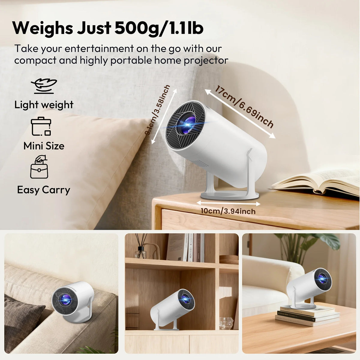 Mini proyector portátil con resolución nativa de 720p, compatible con 4K y 1080p, proyección Full HD en pantalla grande, conexión WiFi, ideal para el cine en casa, proyector inteligente con sistema Android.