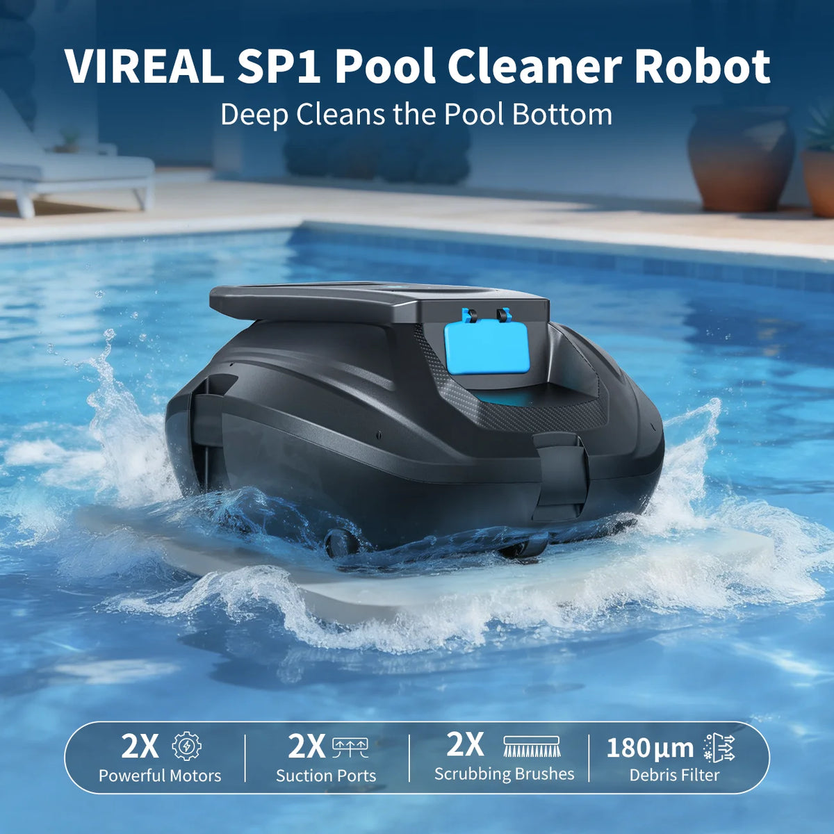 Limpiador de piscinas robótico VIREAL SP1, inicio con un solo clic, estacionamiento automático, 130 minutos de autonomía, ideal para piscinas sobre el suelo y enterradas de fondo plano