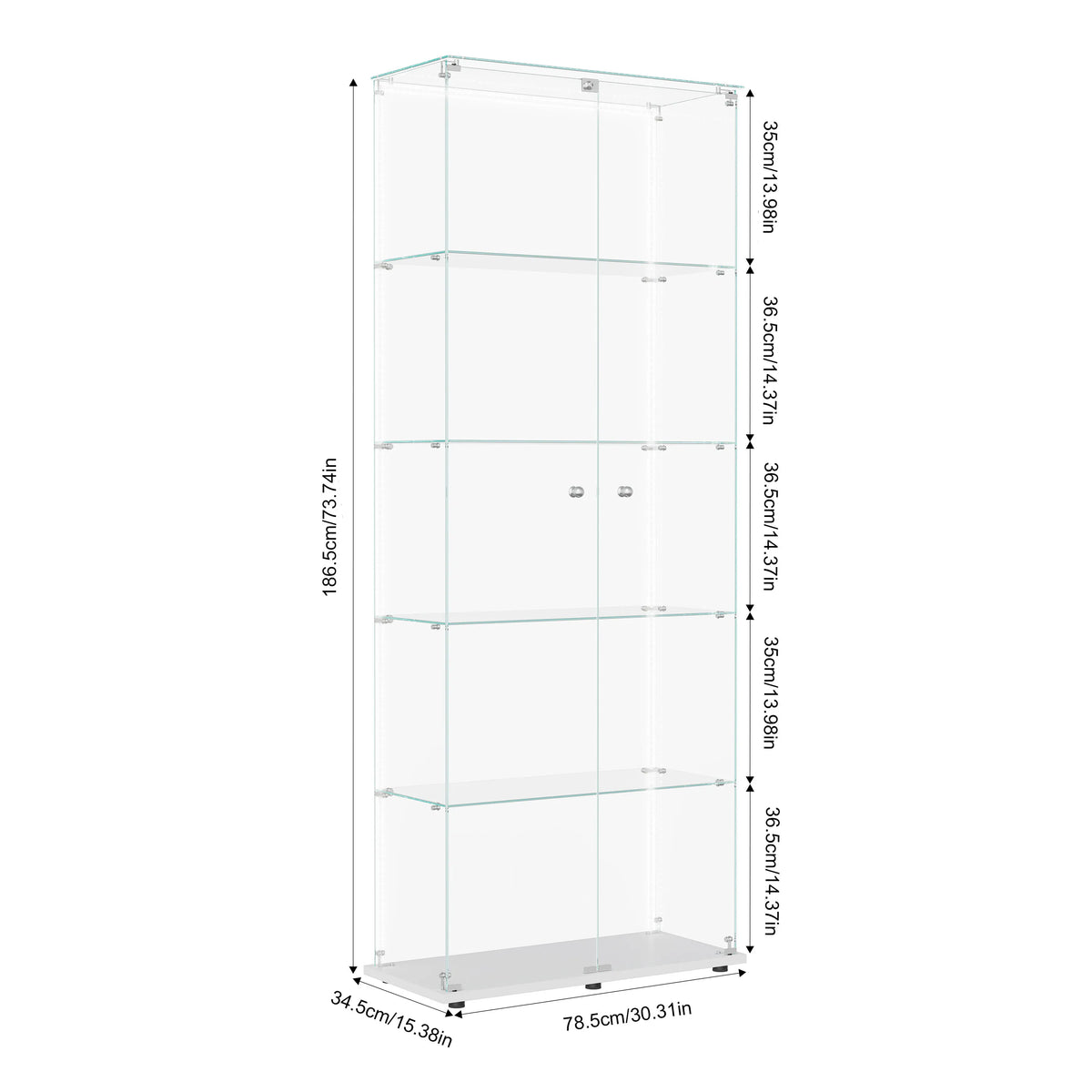 Vitrina de cristal con iluminación LED, vitrina expositora con 5 estantes de vidrio y 2 puertas de vidrio templado, mueble vitrina, para salón, oficina, coleccionables, libros, vino