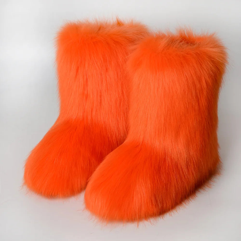Botas de piel para mujer, botas de nieve de piel sintética peludas y esponjosas de lujo para invierno, botines de plataforma impermeables con cordones, botas de esquí rosas 2024