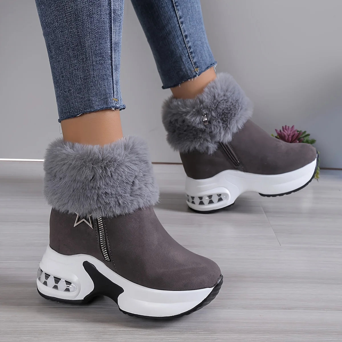 Zapatillas de deporte cálidas para mujer, botas cortas informales con forro de empuje y cremallera lateral, botas de nieve hasta el tobillo para mujer, botas de cuña con plataforma