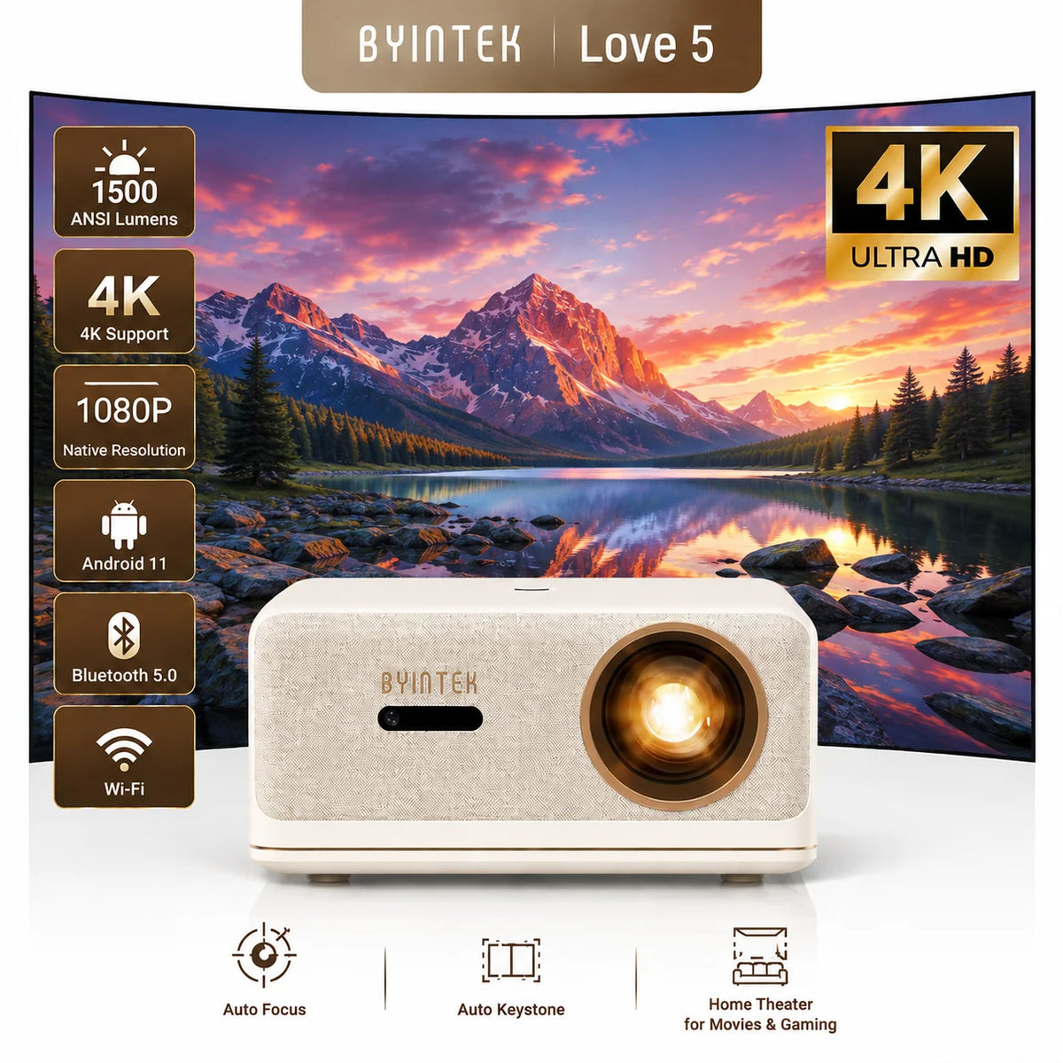 Proyector Inteligente BYINTEK LOVE 5 1080P 1500 ANSI Android 11 WiFi Bluetooth 5.0 Auto Keystone Compatible con 4K Cine en Casa Juegos